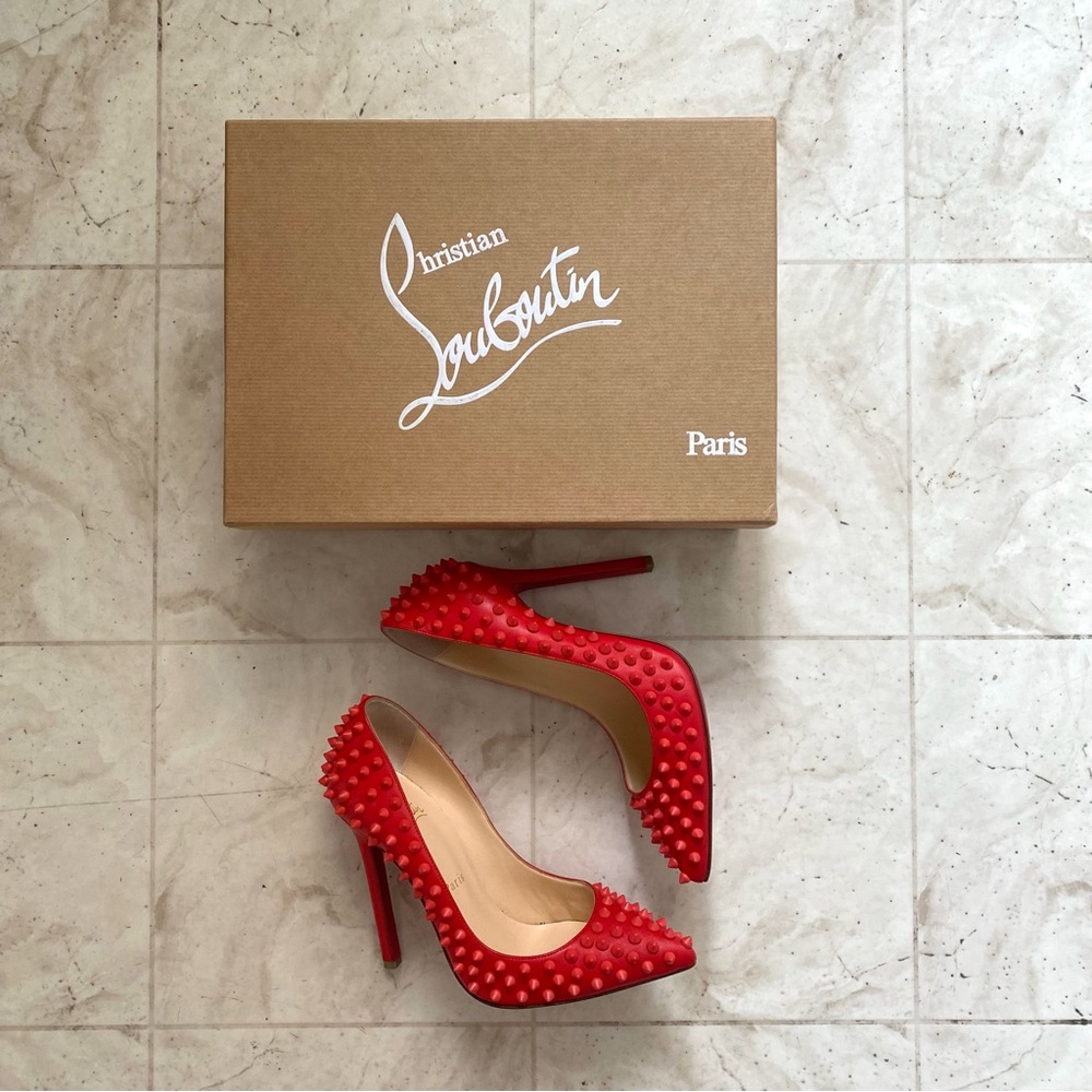 Christian Louboutin Pigalle Spikes 120 Pointed Toe Red Leather Pumps Heels 6.5 - Picture 2 of 14